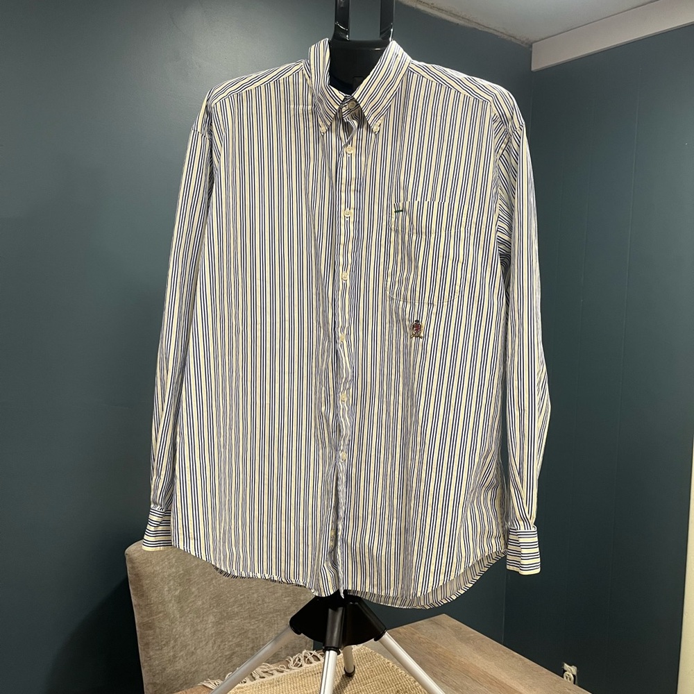 Vintage Tommy Hilfiger Blue, Yellow and White Striped Dress Shirt Size XL